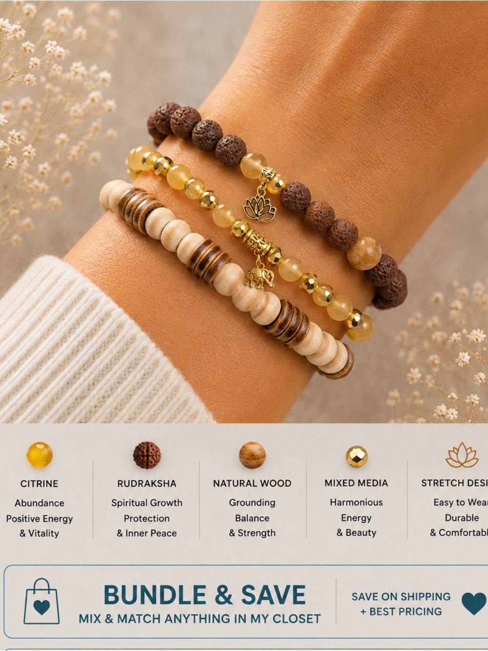 Quartz, citrine, Genuine Stone, Rudruksha & Wood Bracelet